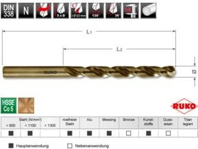 RUKO Spiralbohrer DIN 338 Typ N HSS Co 5 geschliffen mit Kreuzanschliff, Farbe: Gold, Durchmesser: 3,5 mm, Länge: 70 mm, Kopfhöhe: 39 mm - Bild 1