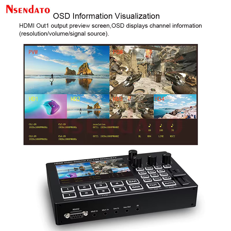Nsendato 4-Kanal HDMI Videomischer mit 5 Zoll Bildschirm für Live-Streaming, 1080P 60Hz, Schwarz - Bild 4