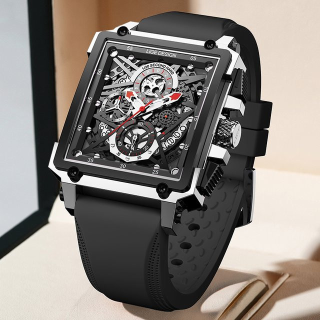 LIGE Chronograph Armbanduhr, Quarz, Schwarz, Silikon, Herren - Bild 1