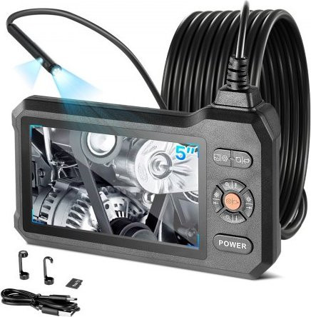VEVOR Dual Lens Endoskopkamera mit 5 Zoll HD IPS Bildschirm, 5,5mm Slim Linse, 8X Zoom, IP67 Wasserdicht, 5m starres Kabel, Schwarz - Bild 1
