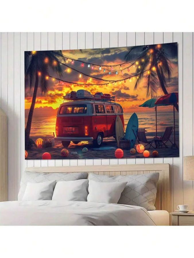VIKAMA Wandteppich mit Sonnenuntergang am Meer und Naturmotiv, Mehrfarbig, Rechteckig - Bild 2