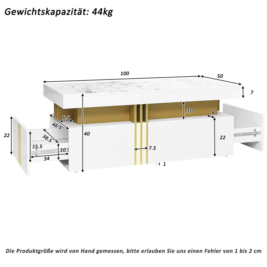 Anajqaqia Moderner Couchtisch mit 2 Schubladen und Hochglanzplatte, rechteckiger Beistelltisch in Marmoroptik, B/T/H: 100 x 50 x 40 cm - Bild 2