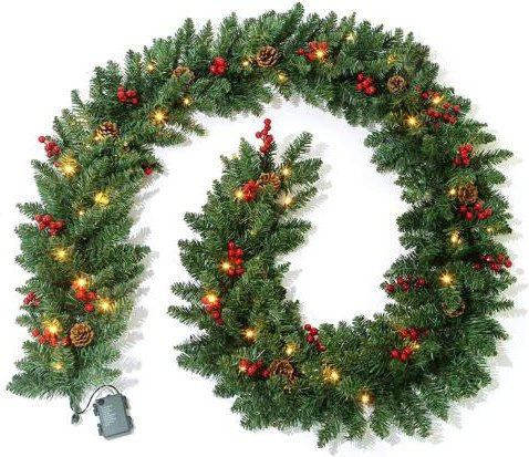 HOMEKA Weihnachtsgirlande mit LED-Licht, künstliche Kiefernnadeln, rote Beeren und Tannenzapfen, grün, 270 cm - Bild 1