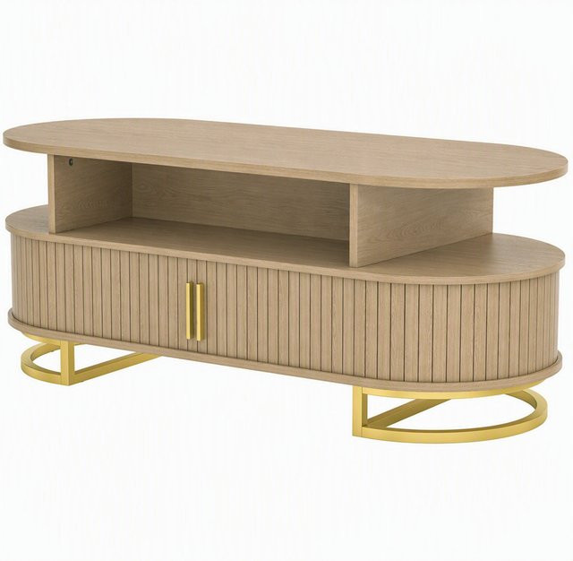 HOMCOM Ovaler Couchtisch in Eiche mit schiebbarer Tambourtür und goldenen Metallfüßen, B/T/H: 120 x 50 x 47,5 cm - Bild 1