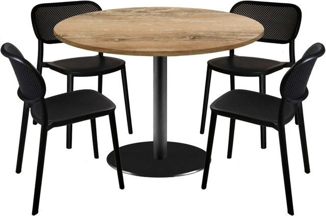 RestooTab Esstisch-Set Rome XL mit 4 Stühlen, runder Esstisch in Eiche Antik mit schwarzem Gestell, Durchmesser: 120 cm, Höhe: 75 cm - Bild 1