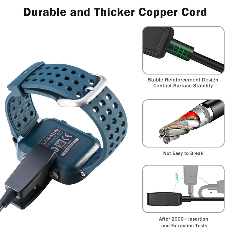 2 Stück USB-Ladekabel für Garmin Forerunner 35 230 235 630 735xt 645 Musik und Approach G10 S20 mit Silikon-Clip-Halterung in Schwarz - Bild 3