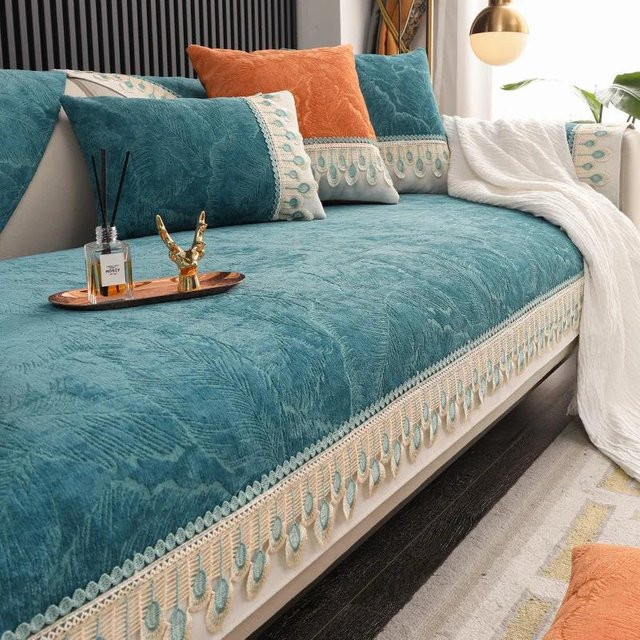 Super Six Kissenbezug aus Chenille mit Blattmuster in Blau, quadratisch, B/T/H: 70 x 70 x 70 cm - Bild 1