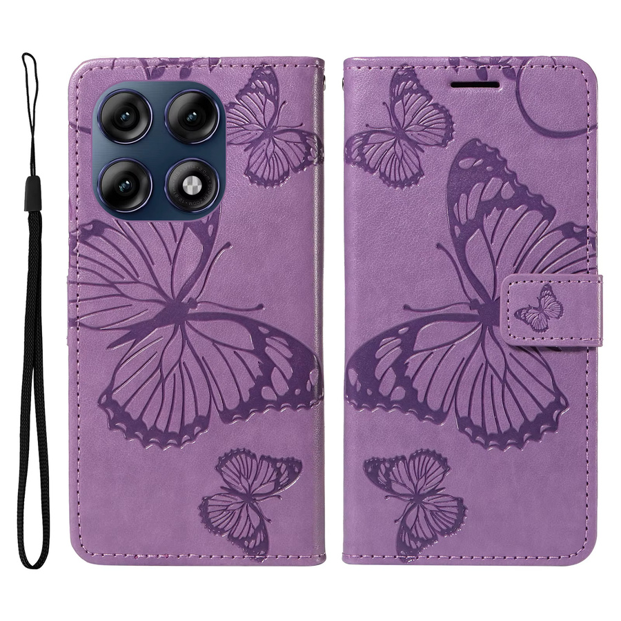 Leder-Brieftaschenhülle mit Schmetterlings-Prägedesign für Motorola Moto Edge 60 70 X70 Air G86 G56 G06 G67 Pro Fusion Power in Grau und Lila - Bild 2