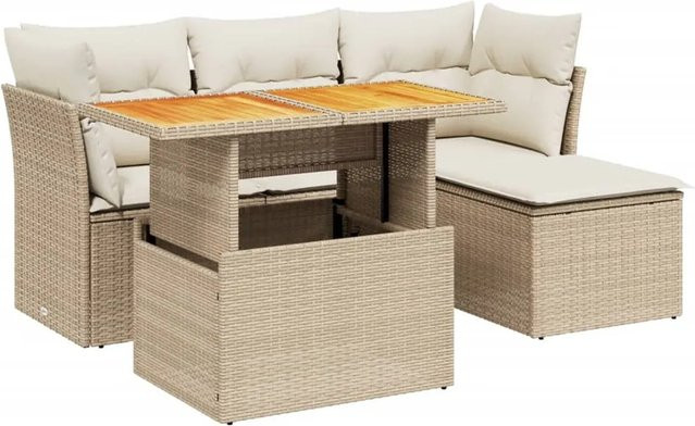 vidaXL 6-teilige Garten-Sofagarnitur in L-Form aus Poly-Rattan und Akazienholz mit Kissen in Beige-Creme - Bild 1