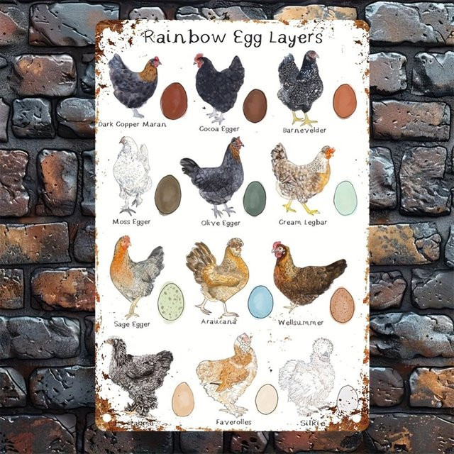 CIFBUY Vintage Chicken Breeds Metallschild mit buntem Ei-Design, rustikale Bauernhaus-Wandkunst aus Metall, B/H: 30 x 20 cm, Mehrfarbig - Bild 1
