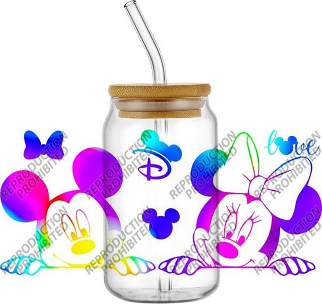 Bunte Regenbogen Mickey Minnie UV-DTF 3D-Transferaufkleber für Glasbehälter und Becher, Multicolor - Bild 1