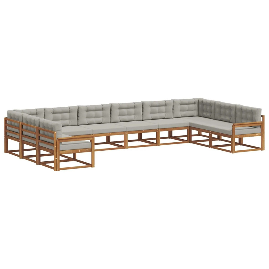 vidaXL Outdoor-Sofagarnitur aus massivem Akazienholz in L-Form mit Kissen, 10-teiliges Set in Natur und Hellgrau - Bild 2