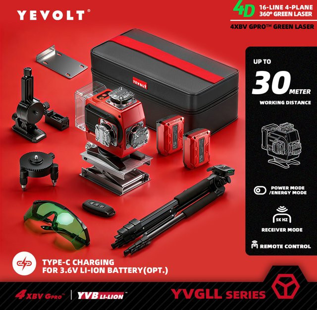 YEVOLT Grüner Laser-Nivellierer YVGLL4CH16-Serie 4-Ebenen 16-Linien Selbstnivellierend 360° 4D Elektrowerkzeug Messinstrument mit Stativ in Grün - Bild 1