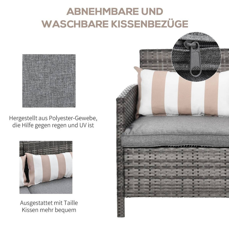 Outsunny Garten-Loungesofa aus Rattan mit Kissen in Grau und Beige, 3-Sitzer mit Armlehnen und Metallrahmen, Breite: 173 cm, Höhe: 78 cm, Tiefe: 68 cm - Bild 2