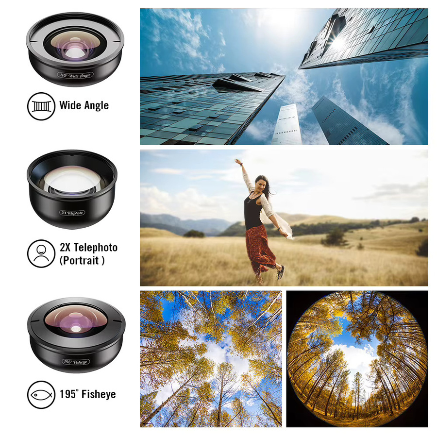 APEXEL 5-in-1 Kamera-Telefonobjektiv Set für iPhone und Android, 4K HD Makro-, Porträt- und Fisheye-Objektive mit CPL-Filter, Schwarz - Bild 3
