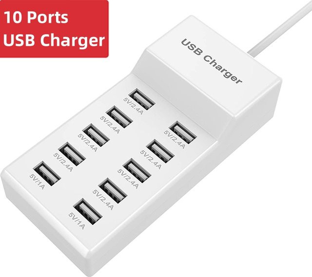 ILEPO 10-Port USB-Ladestation mit 50 W USB-Hub-Adapter in Weiß - Bild 1
