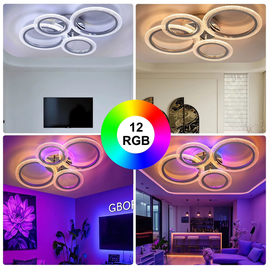 Oyajia LED-Deckenleuchte mit 4 Ringen, RGBW, dimmbar mit Fernbedienung, modern, Farbe: Weiß, Durchmesser: 57 cm - Bild 6