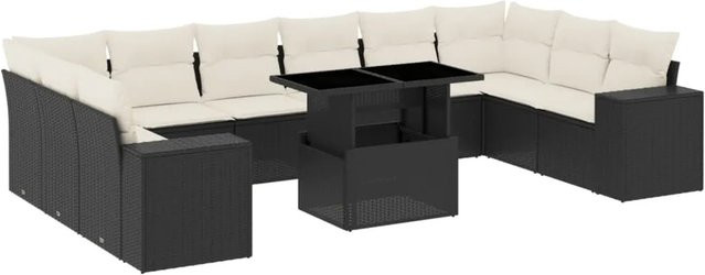 vidaXL 11-teilige Garten-Sofagarnitur in L-Form aus Poly-Rattan und pulverbeschichtetem Stahl mit Kissen in Schwarz-Creme - Bild 1