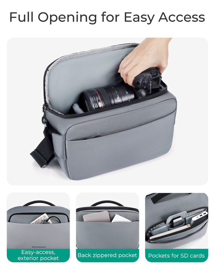 BAGSMART Kamera-Umhängetasche für Fotografen mit Stativhalter und Regenschutz, wasserdichte DSLR- und spiegellose Kameratasche in Schwarz oder Grau - Bild 3