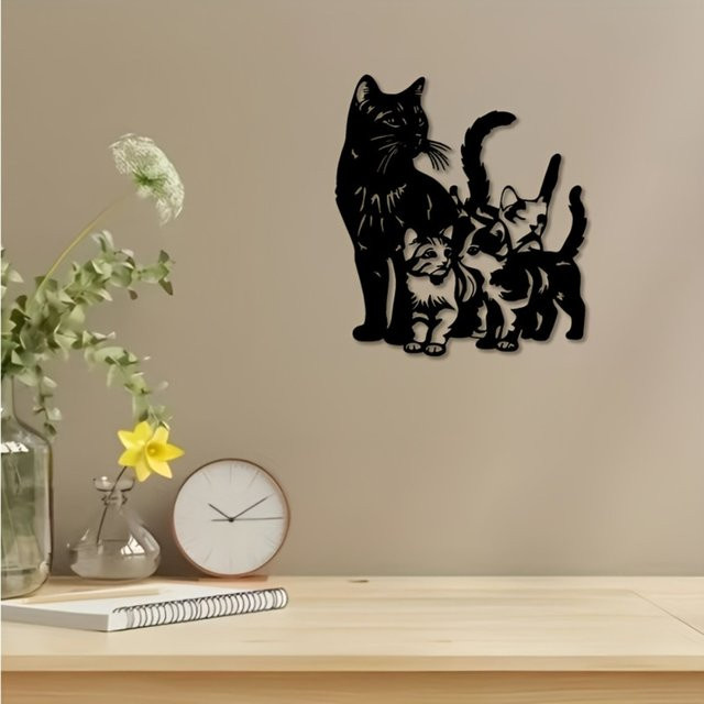 CIFBUY Wandskulptur Katze mit 3 Kätzchen aus schwarzem Eisen als moderne Wanddekoration - Bild 1