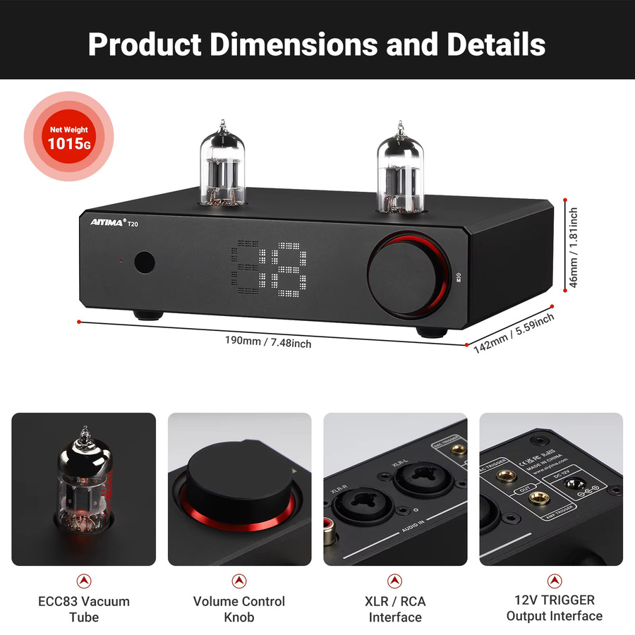 AIYIMA T20 Röhren-Vorverstärker in Schwarz mit DAC, XLR/RCA-Ausgang und 12V Trigger für dein HiFi-System - Bild 3