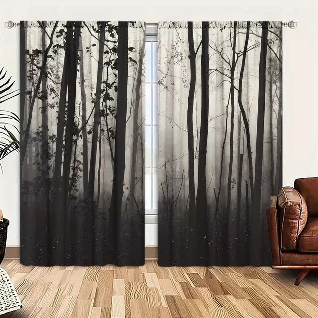 VOZMIO Vorhang Set mit 2 Paneelen im ästhetischen Wald-Design und Rauchdruck für deine künstlerische Heimdekoration - Bild 1