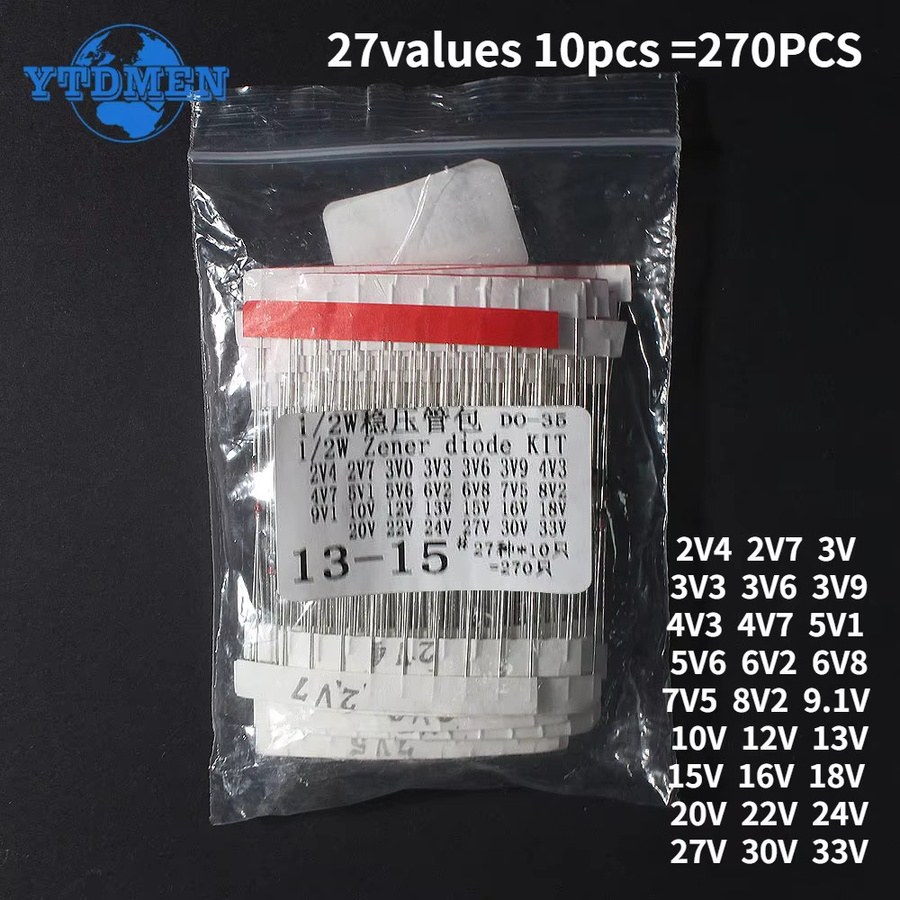 YTDMEN Zener Diode Spannungsregler Sortiment Kit 270 Stück, 1/2W, Schwarz, Spannungsbereich 2,4V-33V - Bild 2