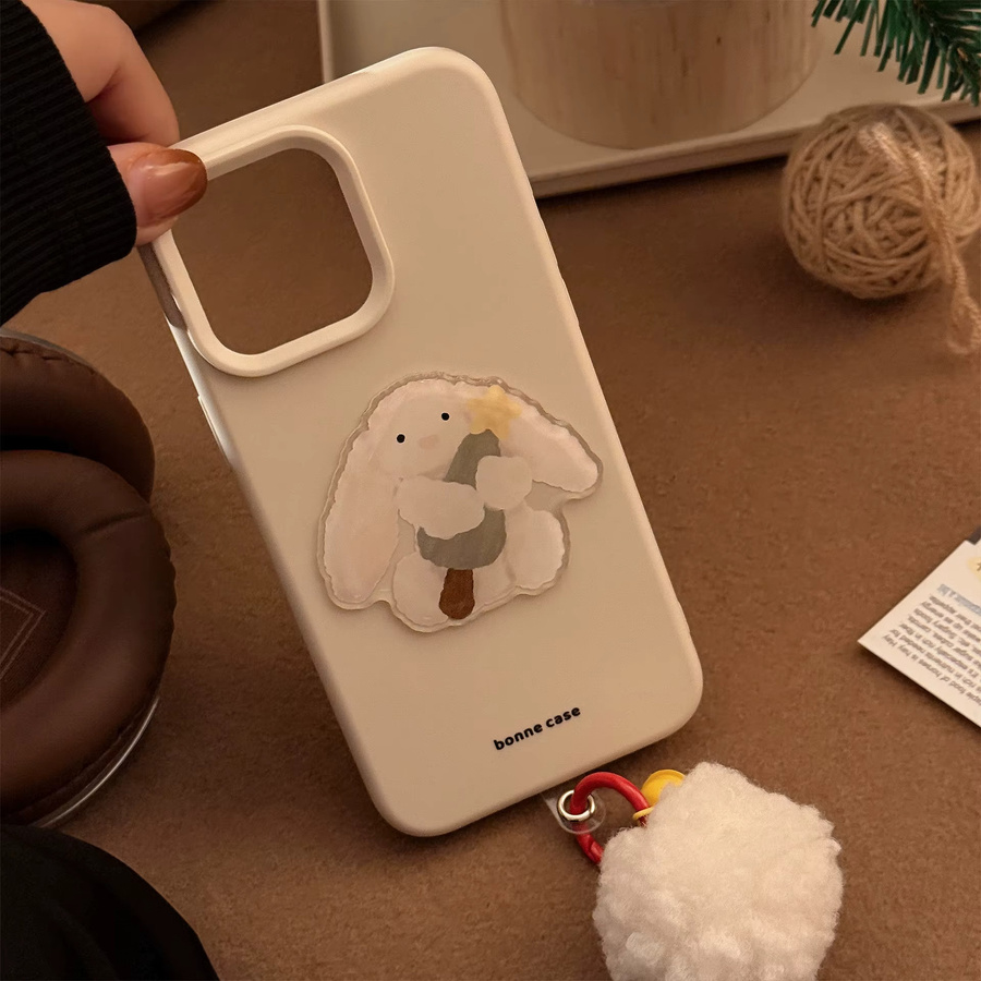 MUQGEW Stoßfeste Silikon Handyhülle mit 3D-Häschen-Design und Anhänger für iPhone 12 bis 16 Pro Max Plus, Farbe: Weiß - Bild 5