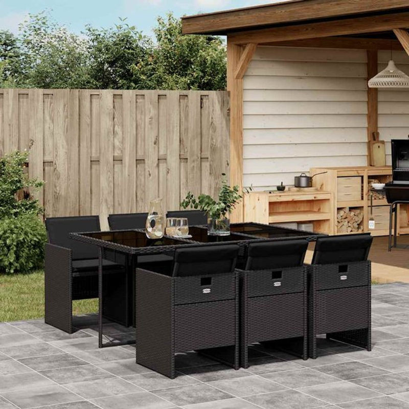 Vidaxl 7-teiliges Gartenmöbel-Set aus Polyrattan und Glas in Schwarz mit Kissen - Bild 1