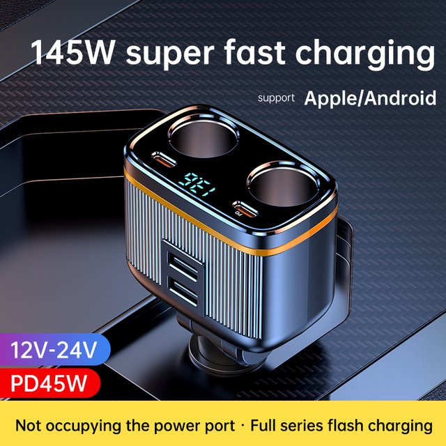 Korseed 6-in-1 Zigarettenanzünder-Splitter mit 145 W, USB-C Autoladegerät mit 4 Anschlüssen, PD30W und Spannungsanzeige - Bild 1