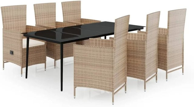vidaXL 7-teilige Garten-Essgruppe aus PE-Rattan und Glas in Beige und Schwarz - Bild 1