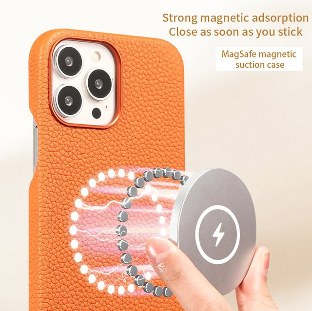 MagSafe Handyhülle aus natürlichem Rindsleder mit Metallrahmen für iPhone 13 Pro Max, iPhone 13 Pro und iPhone 13 Mini von LANGSIDI in Rot und Orange - Bild 1