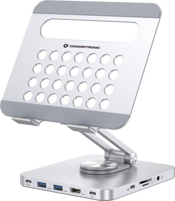 Conceptronic DONN26G Tablet-Ständer mit 8-in-1-Dockingstation in Silber, 360 Grad drehbare Basis, faltbar und höhenverstellbar mit USB-C, HDMI, USB-A und 3,5 mm Klinke - Bild 1
