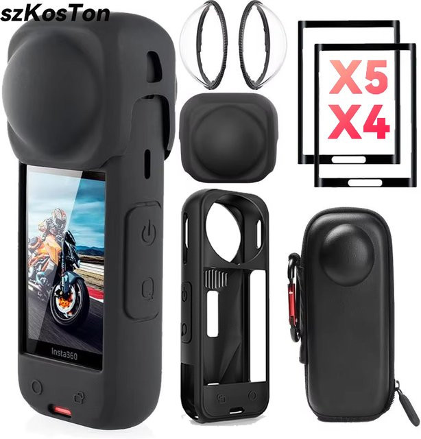 Insta360 X4 Zubehör-Set in Schwarz mit Displayschutzfolie, Objektivschutz, Silikonhülle, Schutzrahmen und Aufbewahrungstasche - Bild 1