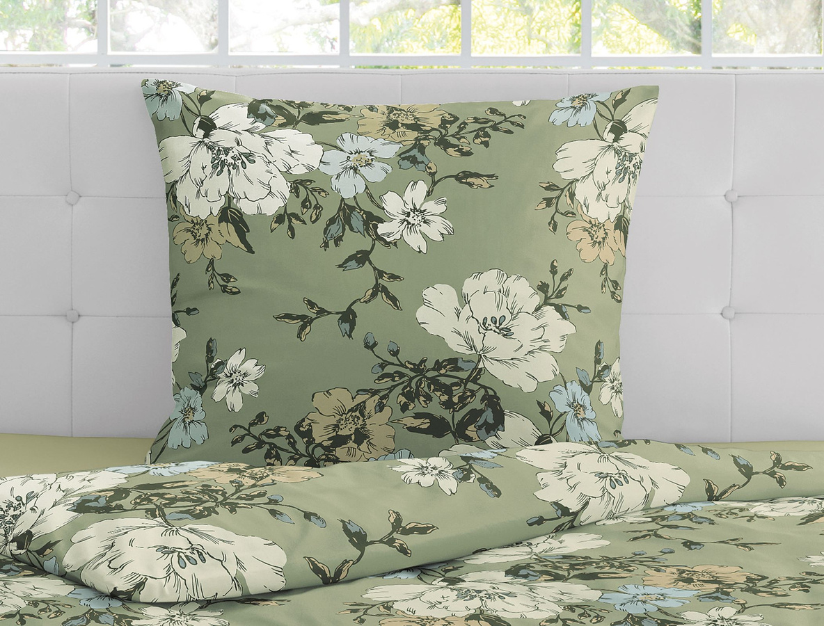 Irisette Eos Mako-Satin Bettwäsche mit Pfingstrosen-Blüten in Grün, Set bestehend aus Bettbezug und Kissenbezug, B/H: 135 x 200 cm und 80 x 80 cm - Bild 1