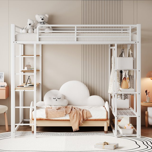 KOMHTOM Metall Hochbett für Kinder in Weiß mit Tisch, Kleiderbügeln und Ablagefächern, Maße: 90 x 200 cm - Bild 1