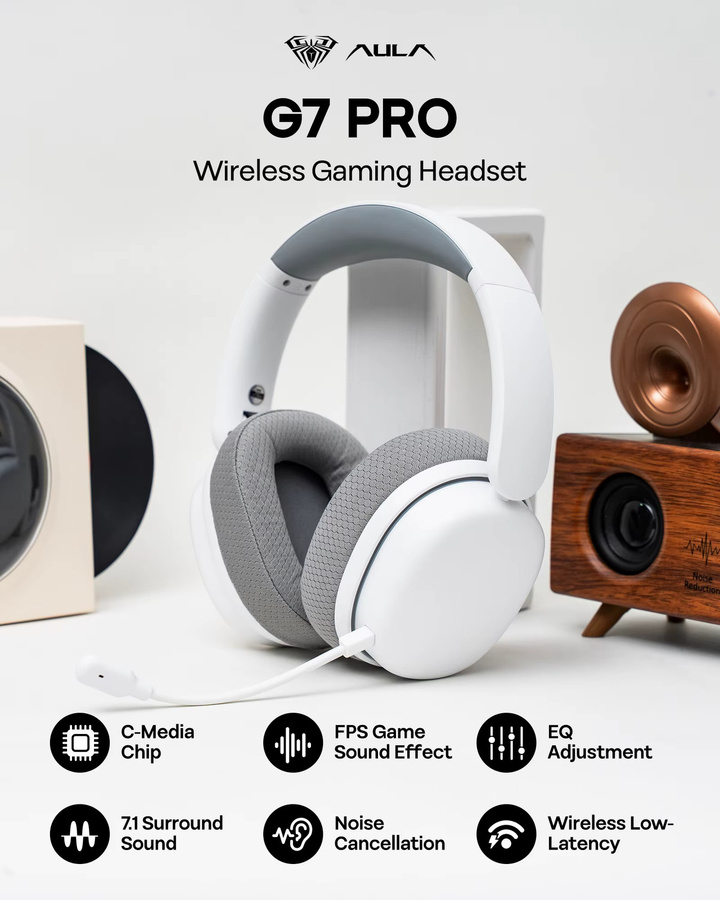 AULA G7 Pro Gaming-Kopfhörer mit 7.1 Surround-Sound, Bluetooth und 2,4 GHz kabellos, weiß, mit geräuschunterdrückendem Mikrofon für PC, PS4, PS5 und Nintendo Switch - Bild 2