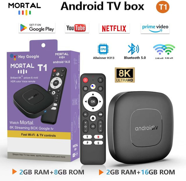 Mortal T1 TV-Box Android 14 Smart Streaming Media Player mit Allwinner H313, 4K UHD, Dualband Wifi 6, Bluetooth 5.0 und Sprachassistent, Schwarz - Bild 1
