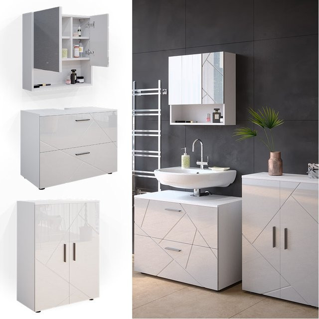 Vicco Badmöbelset Irma in Weiß Hochglanz, 3-teilig bestehend aus Unterschrank, Spiegelschrank und Badschrank, Breite: 80 cm - Bild 1