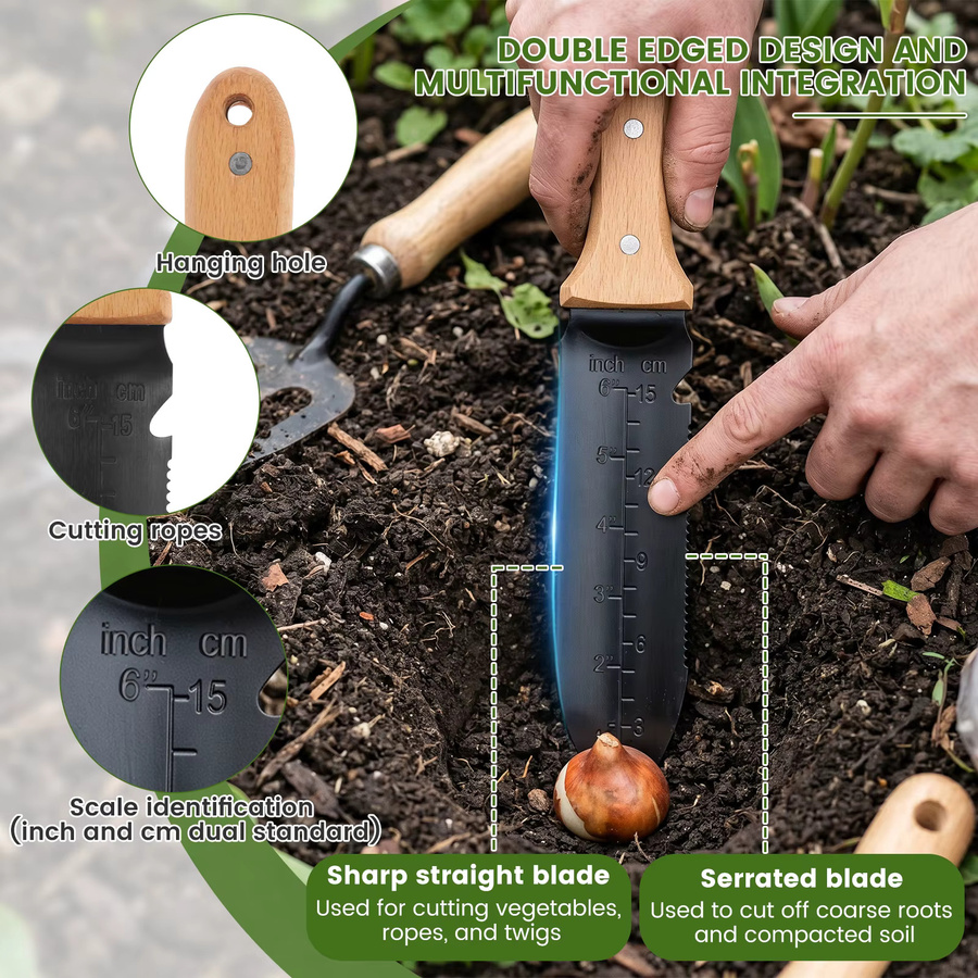 Toorise Edelstahl-Gartenschaufel mit Holzgriff und Oxford-Scheide in Silber - Bild 4