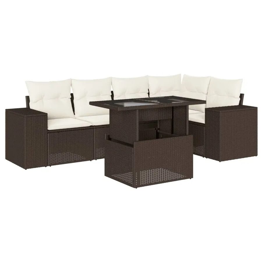 vidaXL 6-teilige Garten-Sofagarnitur in L-Form aus braunem Poly-Rattan mit cremeweißen Kissen und pulverbeschichtetem Stahlgestell - Bild 2