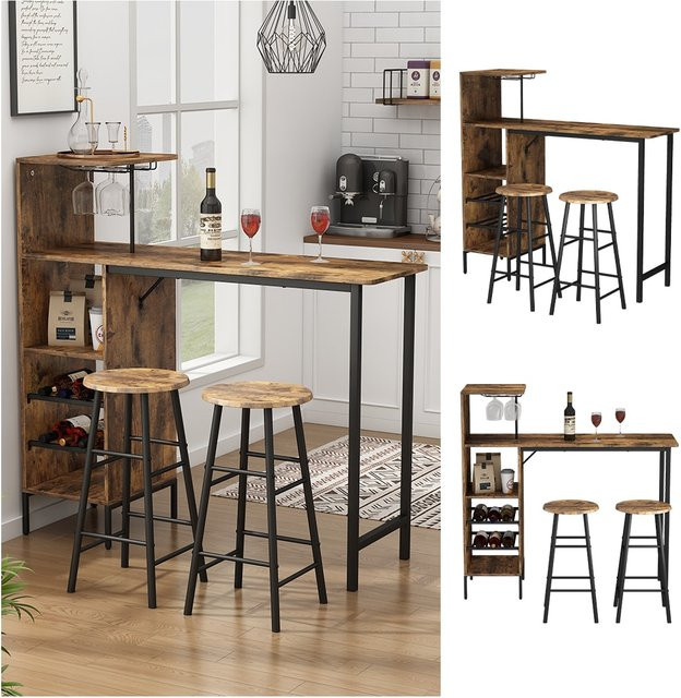 Vicco Bartisch-Set Naila in Schwarz Eiche rustikal mit 2 Hockern, B/T: 121,5 x 40 cm - Bild 1