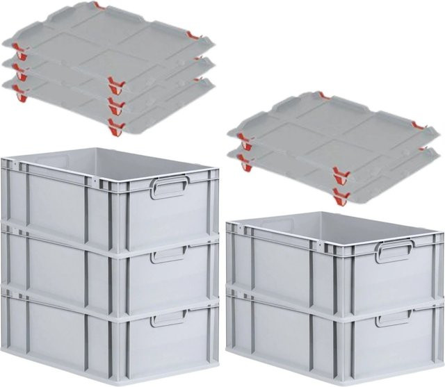 PROREGAL SparSet 5x Eurobox NextGen Grip mit Auflagedeckel und roten Schiebeschnappverschlüssen, Grau, H x B x T: 22 x 40 x 60 cm - Bild 1