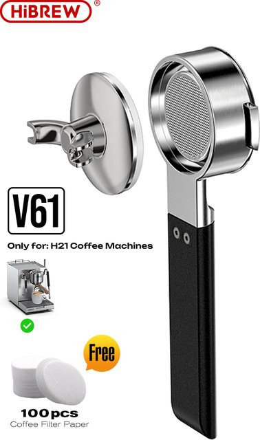 HiBREW V61 58 mm Espresso-Siebträger ohne Boden mit 2-in-1-Doppelauslauf und Filterkorb für H21-Espressomaschinen, Silber - Bild 1