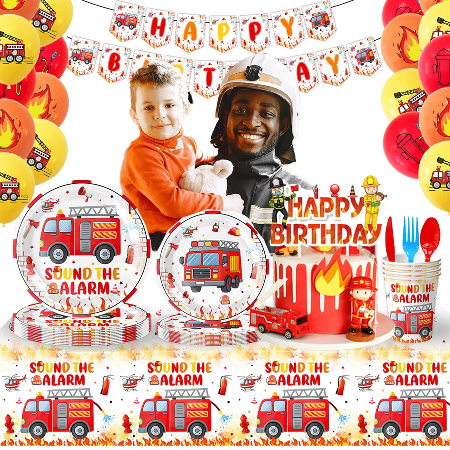 EsenTroye Feuerwehrauto Party-Set mit Geschirr, Servietten, Bechern und Tischdecke in Mehrfarbig für Kindergeburtstage - Bild 3