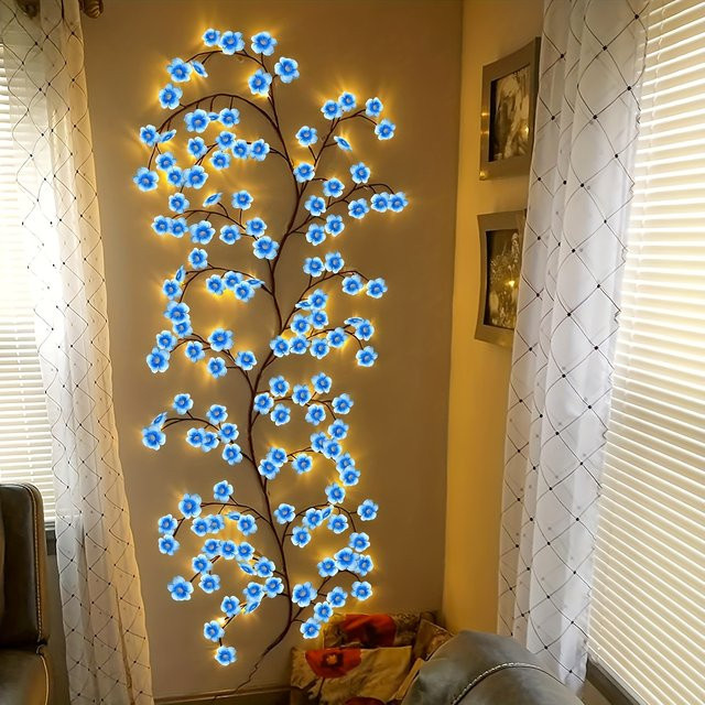 DBF LED Kirschblüten Lichterkette aus Rattan in Blau mit 96 RGB-Leuchten und USB-Anschluss für Dekorationen wie Weihnachten, Hochzeit oder Valentinstag - Bild 1