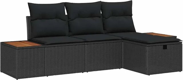 vidaXL Garten-Sofa-Set 4-teilig aus Poly-Rattan in Schwarz mit Kissen und Fußhockern - Bild 1