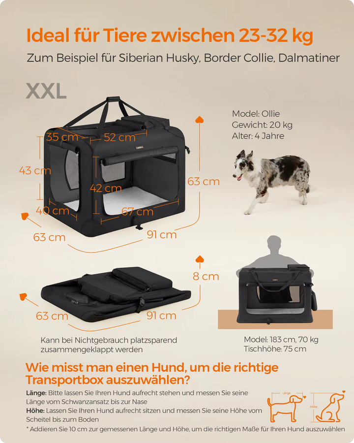 Feandrea Hundebox XXL in Schwarz, faltbare Transportbox aus atmungsaktivem Oxford-Gewebe mit Netzstoff, B/T/H: 63 x 63 x 63 cm - Bild 3
