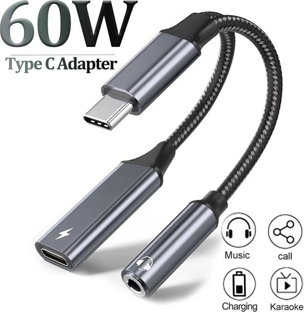 Mrgabwte 2 in 1 USB C Splitter Adapter mit 3,5mm Klinke und PD 60W Schnellladefunktion in Grau - Bild 1