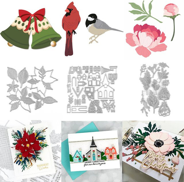 Metall Schneidwerk Vorlage Winterdorf mit grünen Vögeln für DIY-Karten und Scrapbooking in Silber und Grün - Bild 1